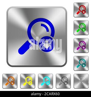 Ricerca di icone di malware incise su pulsanti arrotondati quadrati in acciaio lucido Illustrazione Vettoriale
