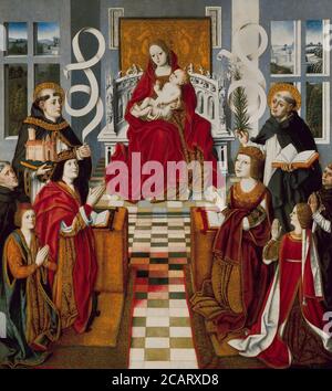 La Vergine dei Monarchi Cattolici, 1491-1493. La Vergine Maria, con il Cristo Bambino in grembo, è adorata dai Re Cattolici, Isabel (1451-1504) e Fernando (1452-1516), due dei loro figli (principessa Joanna, principe Giovanni), e altri. Sulla destra del dipinto, che accompagna la Regina, si trova San Domenico (1170-1221), una delle figlie della Regina e una figura maschile inginocchiata senza alone. La spada sul petto implica il martirio, ed è stato associato a Pedro de Arbues, l'inquisitore di Aragona che è stato assassinato nel 1485. Sulla sinistra, dietro il Re, San Tommaso, Principe Foto Stock