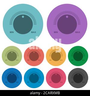 Controllo del volume con didascalie icone piatte più scure su sfondo rotondo a colori Illustrazione Vettoriale