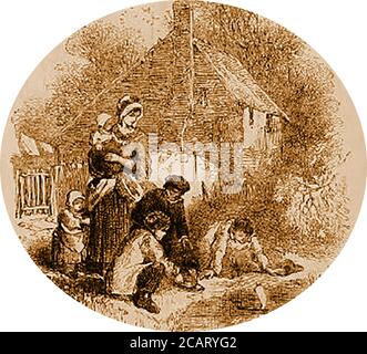 Costumi e tradizioni inglesi - un'incisione del 1845 raffigurante un'uscita di un paese di famiglia vittoriana - raccolta di uova di rana e tadpoli. Foto Stock