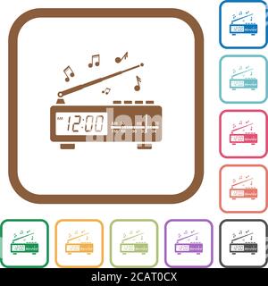 Radiosveglia d'epoca con musica icone semplici in cornici quadrate arrotondate a colori su sfondo bianco Illustrazione Vettoriale