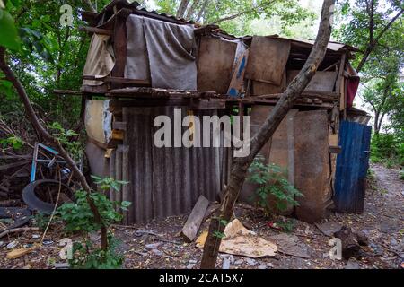 Senza tetto dimorando. Piccola abitazione fatta di spazzatura in foresta sporca disseminata Foto Stock