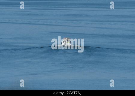 Una barca elettrica ricreativa che si dirige su un tranquillo lago blu lasciando un'ampia scia dietro di loro. Foto Stock