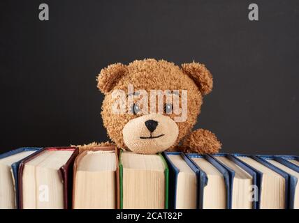 orsacchiotto di teddy che si stende da dietro una pila di libri, sfondo nero, ritorno a scuola Foto Stock