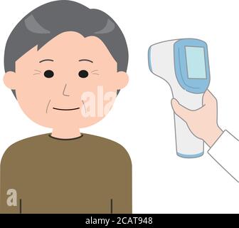 L'infermiere o il medico controlla la temperatura corporea dell'uomo di mezza età utilizzando un termometro a infrarossi per la fronte per il virus della corona. Isolato su sfondo bianco. Illustrazione Vettoriale