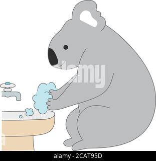 L'orso Koala si lava le mani. Illustrazione vettoriale isolata su sfondo bianco. Illustrazione Vettoriale