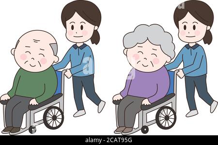 Lavoratore sociale in una passeggiata con anziani disabili in sedia a rotelle. Illustrazione vettoriale di un disegno piatto. Illustrazione Vettoriale