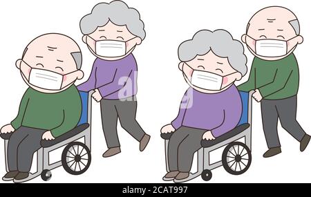 Sorridi persone anziane con maschera facciale in sedia a rotelle. Illustrazione vettoriale isolata su sfondo bianco. Illustrazione Vettoriale