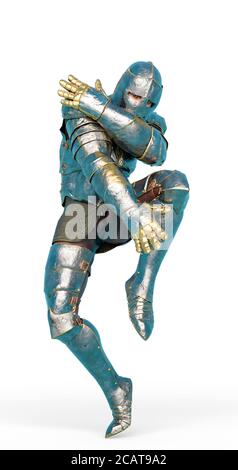 fantasy knight sta ballando su sfondo bianco, illustrazione 3d Foto Stock