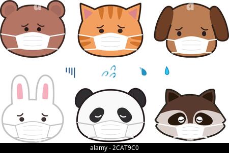 Gruppo di animali deprimenti che indossano maschere per prevenire la malattia. Illustrazione vettoriale isolata su sfondo bianco. Illustrazione Vettoriale