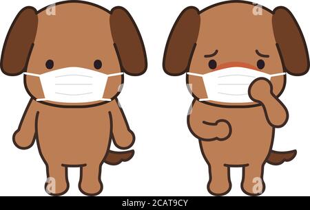 Personaggio del cane che indossa una maschera chirurgica o medica. Isolato su sfondo bianco. Illustrazione Vettoriale