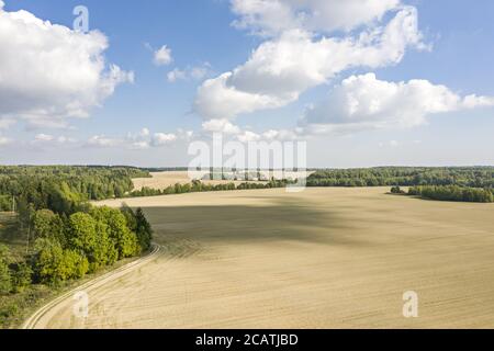 paesaggio rurale con campi agricoli sotto il cielo blu e nuvole bianche. giorno estivo luminoso. vista aerea Foto Stock