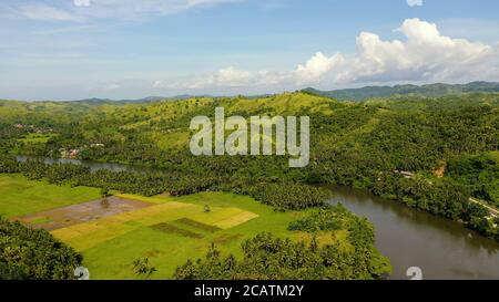 Paesaggio tropicale con verdi colline e risaie, vista aerea. La natura delle Isole Filippine, Samar. Montagne e colline in tempo limpido. Concetto di vacanza estiva e di viaggio. Foto Stock