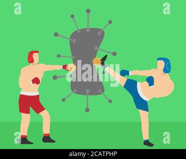 Disegno vettoriale di illustrazione di due combattenti che attaccano il virus Illustrazione Vettoriale