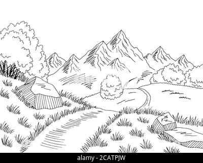 Mountain Road grafico nero bianco disegno paesaggio vettore illustrazione Illustrazione Vettoriale