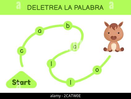 Deletrea la palabra - Scrivi la parola. Labirinto per bambini. Modello di gioco per parole di ortografia. Imparare a leggere il cavallo di parola. Pagina delle attività per lo studio dello spagnolo Illustrazione Vettoriale