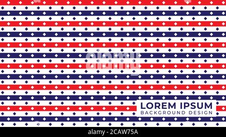 Linee orizzontali con ornamento a forma di rombo. Modello di disegno di sfondo americano. Tema colore blu bianco rosso. Illustrazione vettoriale. Illustrazione Vettoriale