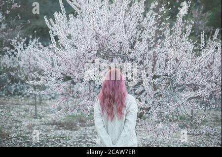 Donna dai capelli rosa che gode di alberi in fiore primavera tempo Foto Stock