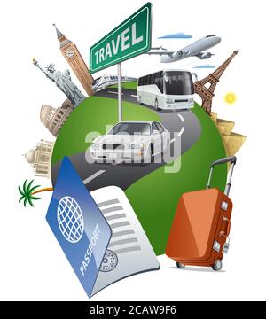 illustrazione concettuale del viaggio intorno ai monumenti famosi in tutto il mondo con il trasporto Illustrazione Vettoriale