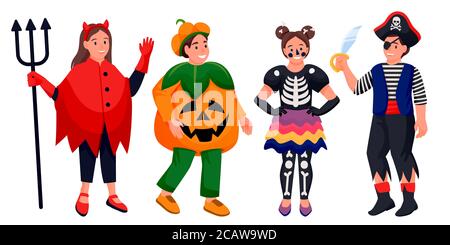 Bambini in Halloween costumi di diavolo, zucca, scheletro e pirata. Illustrazione dei personaggi vettoriali di cartoni animati piatti per ragazzi e ragazze. Carino bambini festeggiano il hol Illustrazione Vettoriale