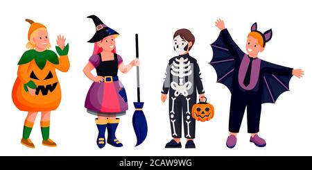 Bambini in Halloween costumi di strega, pipistrello, scheletro e zucca. Illustrazione dei personaggi vettoriali di cartoni animati piatti per ragazzi e ragazze. Carino bambini celebrare holida Illustrazione Vettoriale