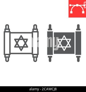 Linea e icona del glifo della torah ebraica, rosh hashanah e scroll, grafica vettoriale del segno torah, icona lineare del tratto modificabile, eps 10. Illustrazione Vettoriale