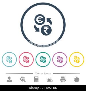 Euro Rupee scambio di denaro icone di colore piatto in contorni rotondi. 6 icone bonus incluse. Illustrazione Vettoriale