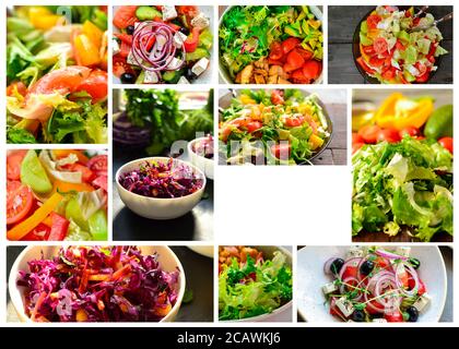 Collage di varie insalate di verdure estive. Primo piano su insalata di verdure. Lattuga, pomodori, cetrioli, avocado, ruccola. Vista dall'alto. Spazio libero per il testo Foto Stock