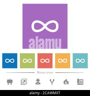 Icone bianche piatte con simbolo infinito su sfondo quadrato. 6 icone bonus incluse. Illustrazione Vettoriale