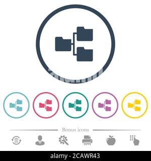 Cartelle condivise icone a colori piatte in contorni arrotondati. 6 icone bonus incluse. Illustrazione Vettoriale