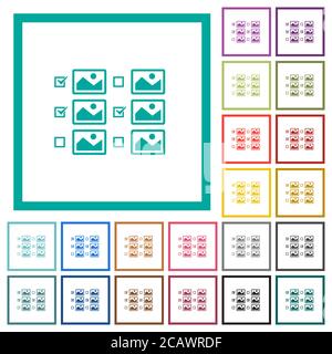 Selezione di più immagini con caselle di controllo icone a colori piatte con cornici quadranti su sfondo bianco Illustrazione Vettoriale