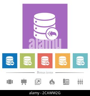 Loopback del database icone bianche piatte in sfondi quadrati. 6 icone bonus incluse. Illustrazione Vettoriale