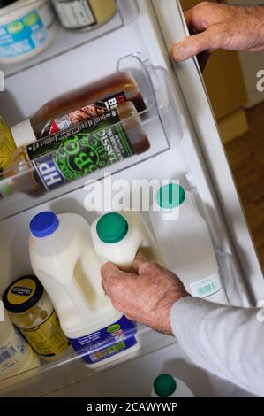 Un uomo che afferra il latte parzialmente scremato dalla porta di un frigorifero. Foto Stock