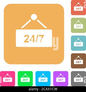 tavolo appeso con 24h sette giorni alla settimana icone piatte su sfondi quadrati arrotondati colori vivaci. Illustrazione Vettoriale