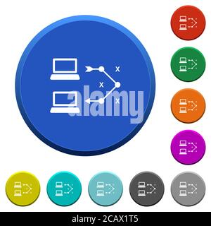 Pulsanti smussati rotondi di colore per computer remoto traceroute con superfici lisce e icone bianche piatte Illustrazione Vettoriale