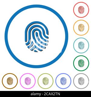 Impronte digitali icone vettoriali a colori piatte con ombre in contorni rotondi su sfondo bianco Illustrazione Vettoriale