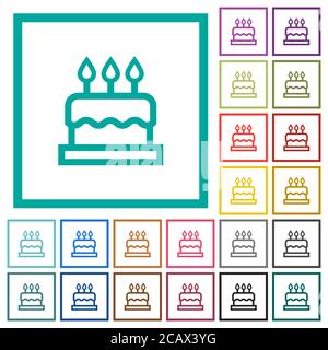 Torta di compleanno icone di colore piatto con cornici quadranti su sfondo bianco Illustrazione Vettoriale