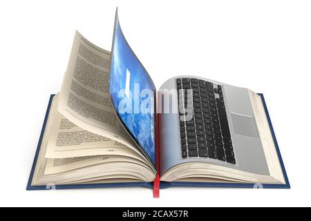 Biblioteca online, formazione online o concetto di e-learning Internet. Aprire la raccolta di libri e laptop. illustrazione 3d Foto Stock