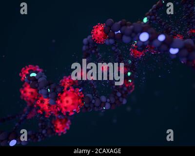 Covid-19. Coronavirus respiratorio patogeno influenza 2019-ncov. Virus attacca il DNA. Rendering 3D Foto Stock