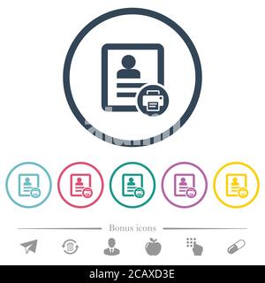 Stampare le icone a colori piatte dei contatti con contorni arrotondati. 6 icone bonus incluse. Illustrazione Vettoriale