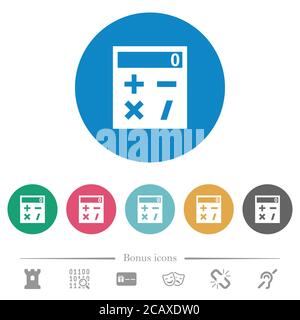 Calcolatrice tascabile icone bianche piatte su sfondi rotondi. 6 icone bonus incluse. Illustrazione Vettoriale