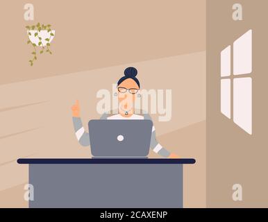 Adorabile tutor donna lavoro su laptop in Apartment.Remote lavoro, a distanza di apprendimento o formazione online durante il virus Epidemic.Lady trainer o allenatore Illustrazione Vettoriale