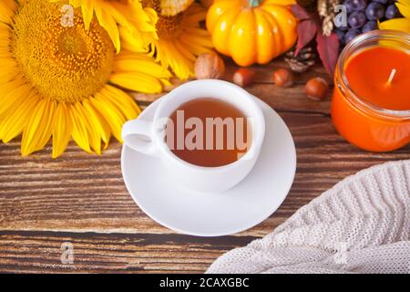 Biglietto d'auguri d'autunno. Composizione con zucca, foglie d'autunno, girasole, tazza di tè, plaid e bacche su sfondo ligneo. Accogliente atmosfera autunnale Foto Stock