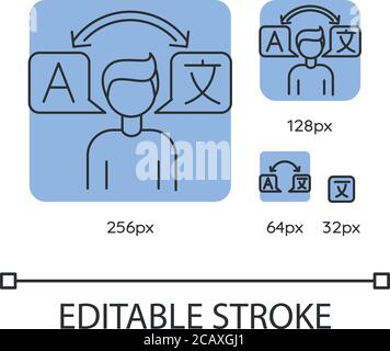 Set di icone lineari blu del traduttore. Interpretazione, traduzione, comunicazione internazionale. Sottile linea personalizzabile 256, 128, 64 e 32 px vettore illus Illustrazione Vettoriale