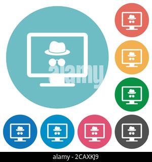 Monitor con simbolo in incognito icone bianche piatte su sfondi rotondi Illustrazione Vettoriale