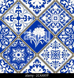 Piastrelle di patchwork senza cuciture con motivi vittoriani. Piastrelle in ceramica maiolica, blu e bianco azulejo, decorazioni originali tradizionali portoghesi e spagnole. Foto Stock