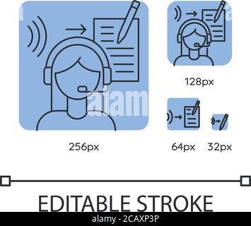 Set di icone lineari blu di trascrizione. Ascolto, traduzione, rappresentazione in lingua straniera. Thin line personalizzabile con vettore ill da 256, 128, 64 e 32 px Illustrazione Vettoriale