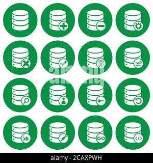Set di 16 icone di gestione del database piatte bianche su sfondi verdi rotondi Illustrazione Vettoriale