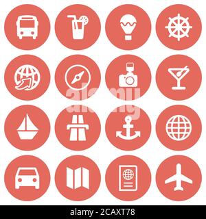 Set di 16 icone bianche piatte da viaggio su sfondo rosso Illustrazione Vettoriale