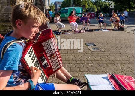 Clonakilty, West Cork, Irlanda. 9 agosto 2020. La gente di Clonakilty a West Cork è stata curata da un'improvvisata esecuzione di musica trad al sole splendente questa sera. Il Clonakilty Comhlatas Trad Music Group ha deciso di esibirsi all'aperto perché non si incontrano all'interno a causa del COVID-19. Credit: AG News/Alamy Live News Foto Stock